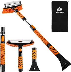 METOWARE 42.2’’ 3 in 1 Extendable Ice Scraper and Snow Brush for Car Windshield with Ergonomic Foam Grip and 360° Pivoting Brush Head for Car SUV Truck Red,black 