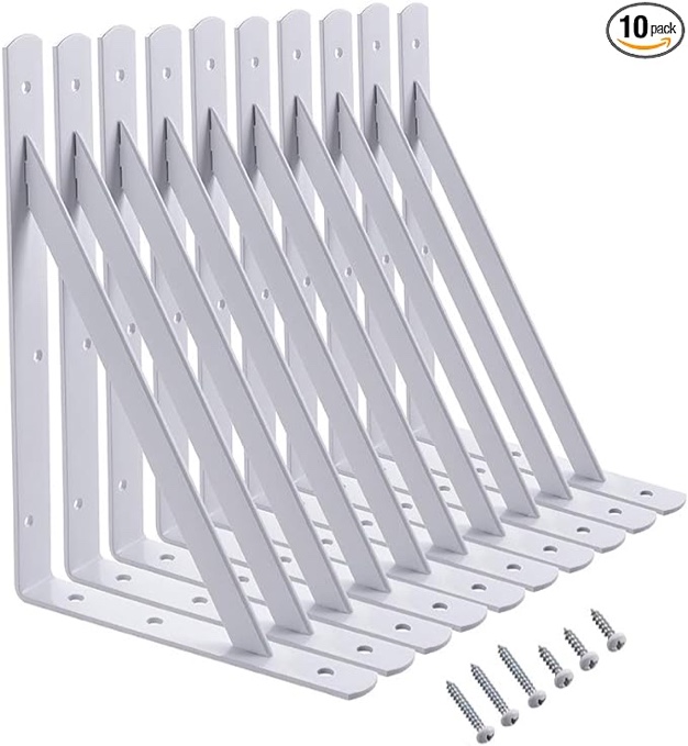 HOME MASTER HARDWARE Heavy Duty Shelf Brackets 12 x 8 inch Metal Shelves L Supports 90 Degree Triangle Wall Mount Angle Bracket for Floating Shelving with Screws, White 10-Pack