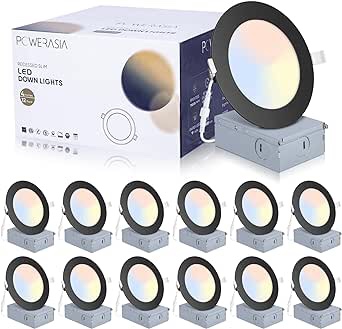 12 Pack Recessed Lighting 4 Inch with Junction Box, 5CCT 4 Inch Black LED Recessed Lights Dimmable 2700K/3000K/4000K/5000K/6000K, 9W 700lm Ultra Thin Recessed Lighting - ETL and Energy Star Certified