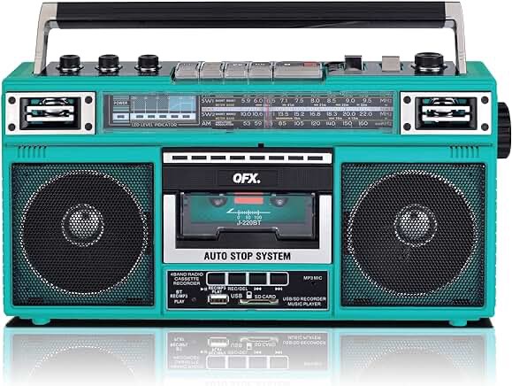 QFX J-220BTTQ Turquoise Boombox MP3 Conversion from Radio to Cassette with 4-Band (AM, FM, SW1, SW2) Radio with Bluetooth, Dual 3” Speakers, Built-in Microphone, Recorder, and a 3-Band Equalizer