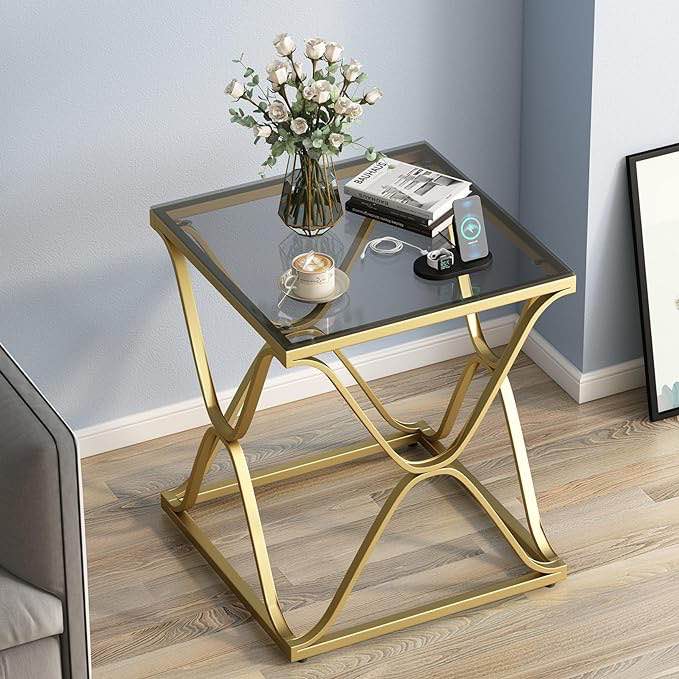 HOMYSHOPY Gold End Table with Tempered Glass, Modern Side Table with Metal Frame, Square Nightstand for Living Room, Bedroom, Office
