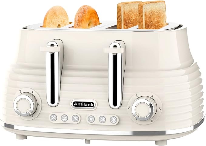 Anfilank 4-Slice Toaster, 1.5" Extra Wide Slots, Retro Stainless Steel with High Lift Lever, Cancel, Bagel, Defrost Function, Removal Crumb Tray, 6-Shade Settings, Dual Independent Control Panel, (Cream)
