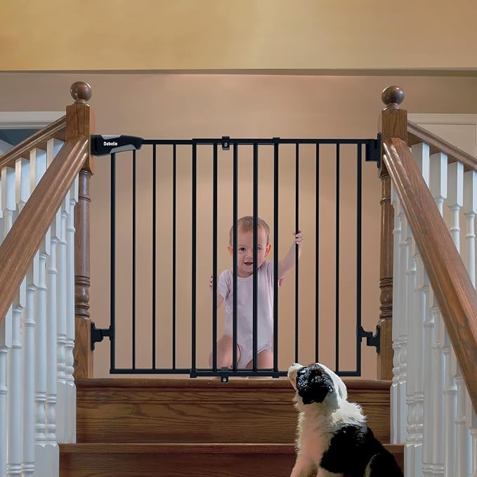 Babelio 26-43" No Bottom Bar Baby Gate for Babies, Elders and Pets, 2-in-1 Auto Close Dog Gate for The House, Stairs and Doorways, Safety Pet Gates with Large Walk Thru Door, Black Wood Pattern Boundless - Black Wood Pattern 26-43" Wide, 28" Tall