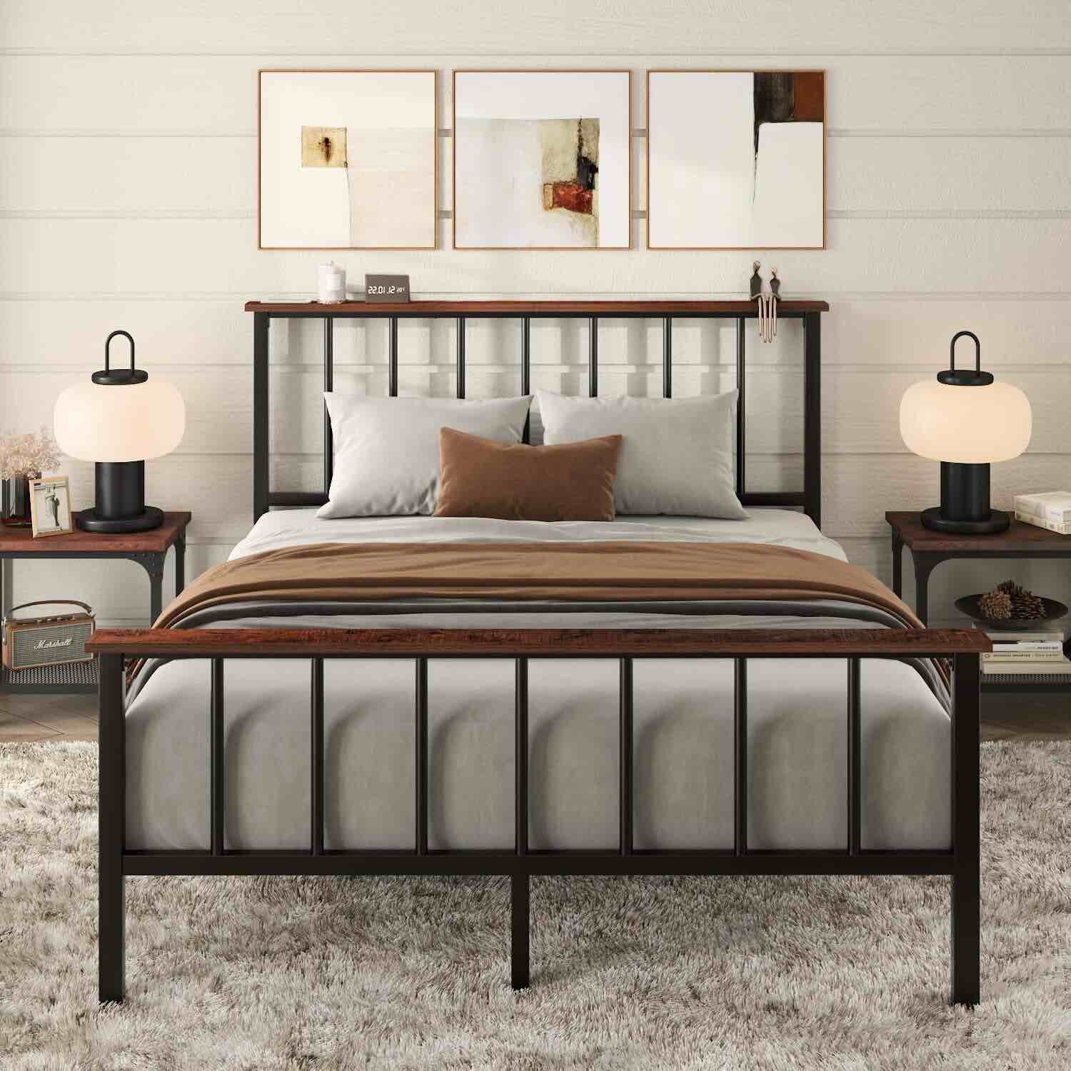 Queen Size Heavy Duty Metal Platform Bed Frame with Headboard Shelf, Black (JHTCB002)