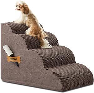 Dog Stairs, Romrol Dog Steps Ramp for High Bed and Couch, Dog Ramp with Durable Non-Slip Waterproof Fabric Cover, Pet Stairs for Small Dogs and Cats or Pets Joints, 4-Tiers,Coffee