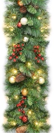 DearHouse 9FT Pine Christmas Garland with 50LED Ligths, Winter Artificial Greenery Garland with Spruce Cypress for Holiday Season Mantel Fireplace Table Runner Centerpiece Xmas Decor Gold