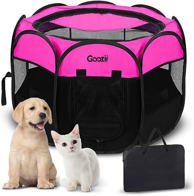Portable Large Pet Cat Playpen for Indoor Outdoor Cats, Foldable Big Dog Playpen Tent Kennel Crate with Cover Enclosed for House Puppy Travel Camping (Large Size, Pink) Pink L [44.8" x 44.8" x 23.5"]