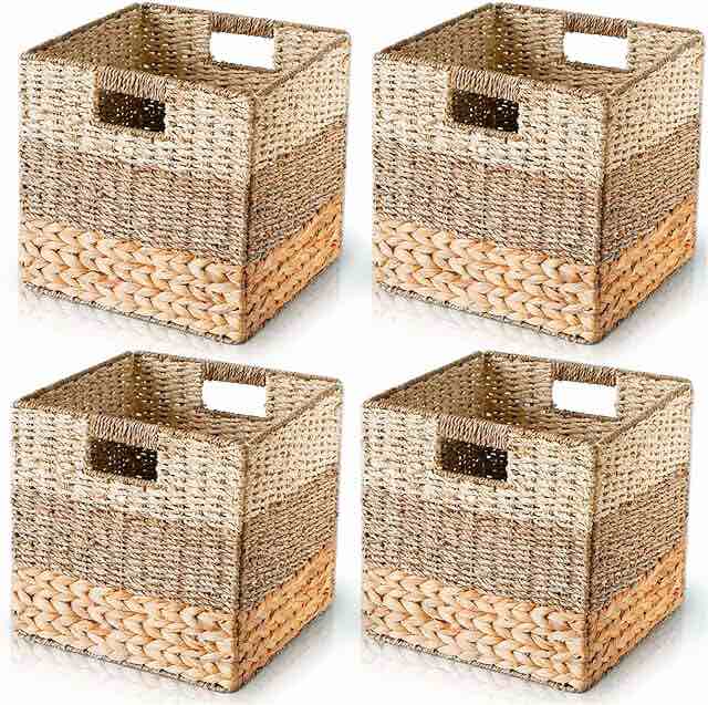 CHI AN HOME Wicker Storage Cubes for IKEA Kallax, HEAVY DUTY Hyacinth Storage Baskets for Shelves, Foldable Rattan Square Baskets, Closet Shelf Organizer Bins with Handles, Pack 4 (‎11.8 x 11.8 x 11.8 IN)