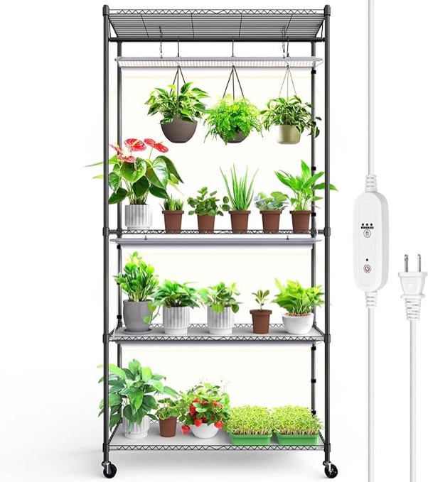 Barrina Plant Stand with Grow Light, 3FT T5 5000K 36W 3 Packs LED Full Spectrum Indoor DIY Plant Shelf with Grow Lights Flower Pot Stand Display Rack, 4-Tier 35.4"x13.8"x70.9", Wheel, Built-in Timer