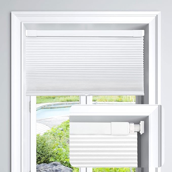 LazBlinds Cordless Cellular Shades No Tools No Drill Blackout Polyester Cellular Blinds for Window Size 32'' W x 48'' H, Silver White