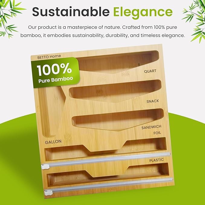 BETTO Home Plastic Bag Organizer with Wrap Dispenser - Bamboo Foil and Plastic Wrap Organizer with Cutter - Snack, Sandwich, Quart, & Gallon Bag Holder for Kitchen Drawer or Counter - 15x13.4x2.6 