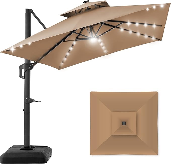 Best Choice Products 10x10ft 2-Tier Square Cantilever Patio Umbrella with Solar LED Lights, Offset Hanging Outdoor Sun Shade for Backyard w/Included Fillable Base, 360 Rotation - Tan