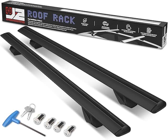 J2 Engineering J2-RR-135-BK Pair of 55" Aluminum Roof Rack Cross Bars Cargo Luggage Carrier for Raised Rails with Angled Edges, Universal, 38" - 54.5" Adjustable, Black
