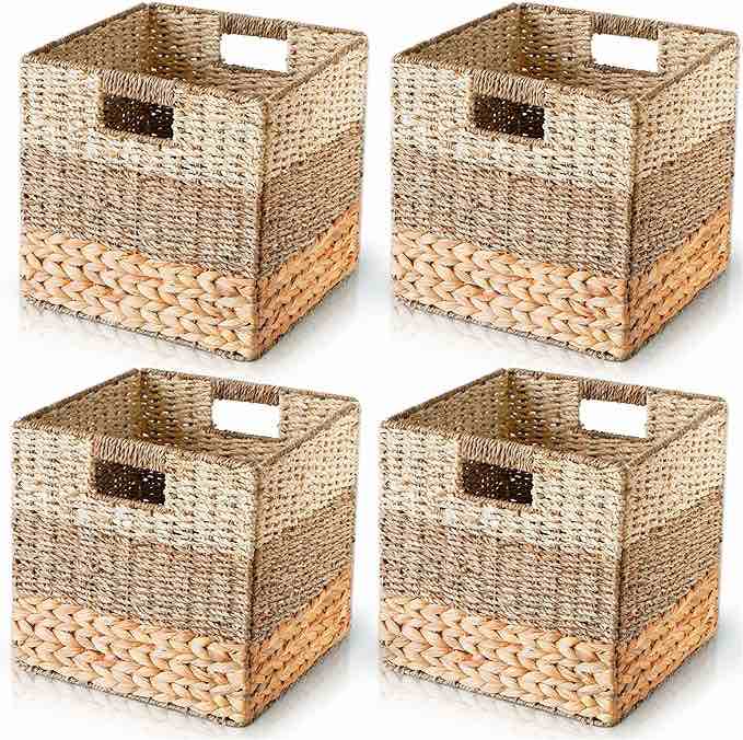 CHI AN HOME Wicker Storage Cubes for IKEA Kallax, HEAVY DUTY Hyacinth Storage Baskets for Shelves, Foldable Rattan Square Baskets, Closet Shelf Organizer Bins with Handles, Pack 4 (â€Ž11.8 x 11.8 x 11.8 IN)