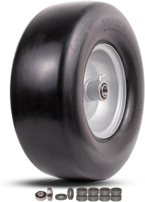 13x5.00-6 flat free tire and wheel, Zero-Turn Mower Front Solid Tire Assembly for Riding Lawn Mower Garden Tractor,3/4" Grease Bushing with Extra 5/8" iron Bushing,3.25"- 5.9" Center Hub (2 Pack)