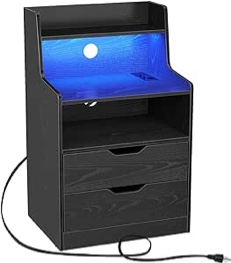 Rolanstar Nightstand with Charging Station and LED Lights, End Table with 2 Drawers and Storage Shelves, Bedside Table with USB Ports & Power Outlets for Bedroom - Black