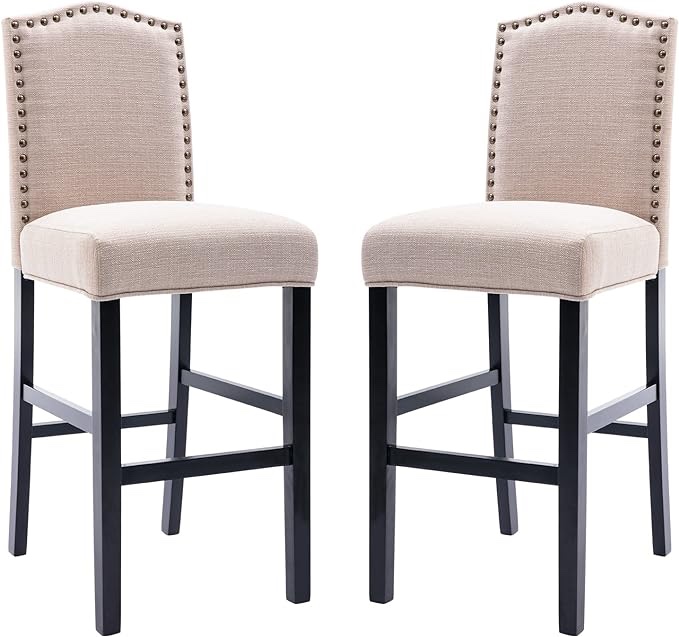 COLAMY Tall Bar Height Stools 30 Inch, Set of 2 Barstools with Back, Upholstered Fabric Accent Tall Barstool Wooden Legs, Nailhead Trim Full Padded Stools for Bar Kitchen Counter Dining Room, White