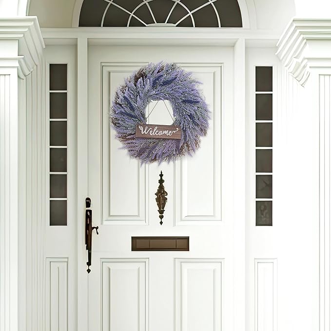 Wreaths for Front Door - 24" Artificial Lavender Wreath with Door Hanger & Double Sided Wooden Sign for Home Welcoming Wedding Party Decor, Hanging Faux Wreath for Indoor & Outdoor Floral Decorations
