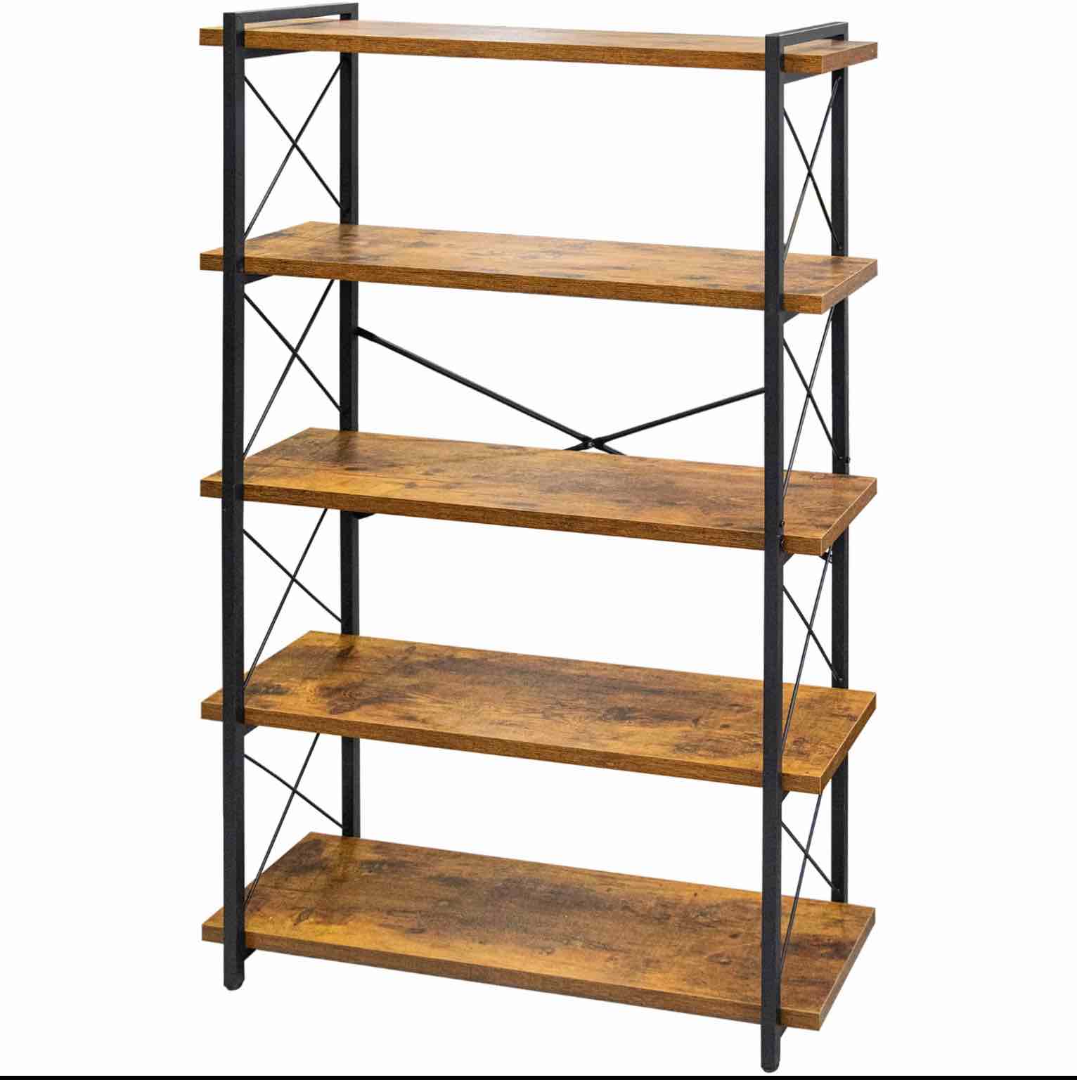 HCHQHS Bookshelf, 5-Tier Industrial Bookcase, Rustic Open Book Shelf, Freestanding Tall Bookshelves with Metal Frame