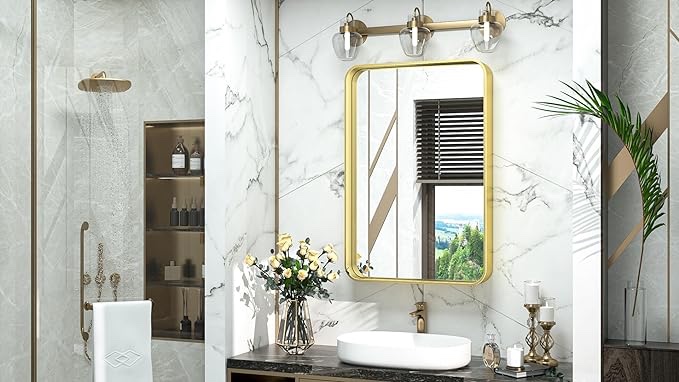 TokeShimi 16x24 Gold Bathroom Wall Mirror Vanity Metal Frame Round Corner Rectangular for Home Decor Living Room Entryway (Horizontal/Vertical)