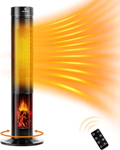 Airvention Electric Heaters for Indoor Use : 34" Ceramic Space Tower Heater with Remote, 3D Flame Realistic, Oscillating heating, 12 Timer, Energy Efficient Heater for Large Room Office Bedroom
