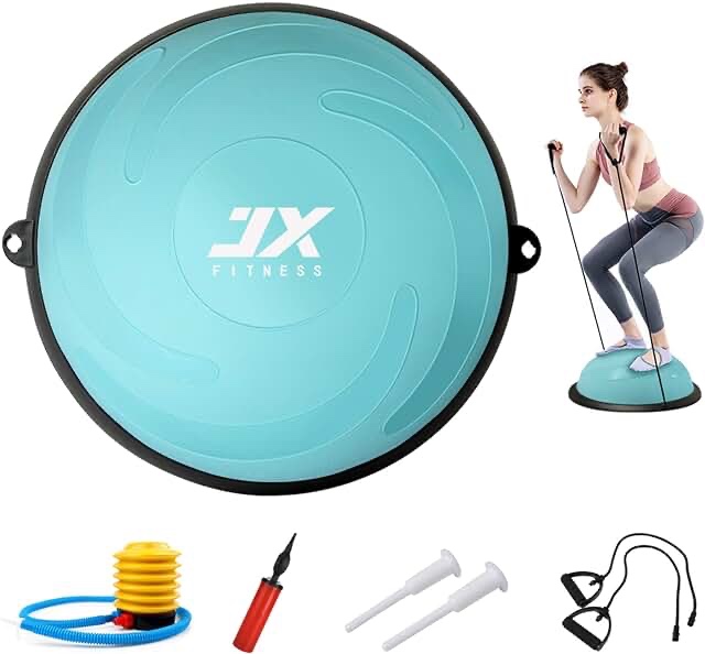 JX FITNESS 58cm Balance Half Ball Trainer, Stability Exercise Yoga Half Ball with Resistance Bands & Pump - Improve Core and Ab Strength with Full Body Home Gym Workouts Or Fitness Training
