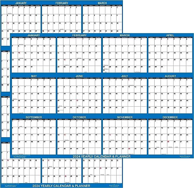 24" x 36" SwiftGlimpse 2024 Wall Calendar Erasable Large Wet & Dry Erase Laminated 12 Month Annual Yearly Wall Planner, Reversible, Horizontal/Vertical, Navy