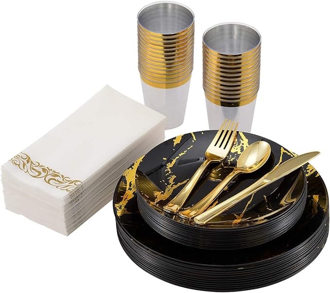  175 Count Black and Gold Marbling Plastic Plates Sets, Disposable Dinnerware Sets for Party Halloween, Include 25 Dinner Plates,25 Dessert Plates,25 Forks,25 Knives,25 Spoons,25 Cups,25 Napkins