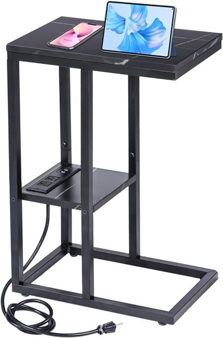 C Shaped Side Table with Charging Station and USB Ports, Faux Marble Black Couch Table End Table, C Table That Slide Under Sofa for Small Space, Sofa Table for Living Room, Bedroom