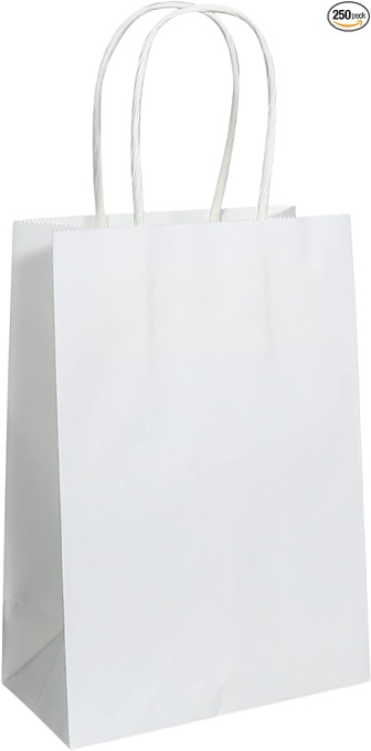 PTP BAGS White 5.75" x 3.25" x 8.3" Tote Bags [Pack of 250] Recyclable Kraft Paper Gift Bags