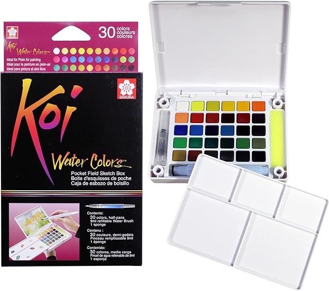 SAKURA Koi Pocket Field Sketch Kit - Watercolor Sets for Painting On the Go - 30 Colors - 1 Water Brush - 1 Sponge - 1 Mixing Palette