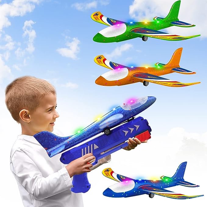 3-Pack LED Airplane Launcher Toy - 2 Flight Modes, Foam Glider Planes, Outdoor Toys for Kids Ages 3 4 5 6 7 8 9 10 11 12 Year Old Boys & Girls Birthday Gift, Educational Flying Toys