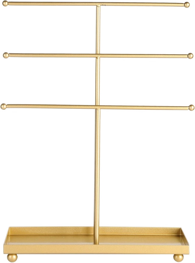 MyGift 3 Tier Brass Metal T-Bar Jewelry Organizer Stand, Necklace and Bracelet Hanging Display with Ring Tray