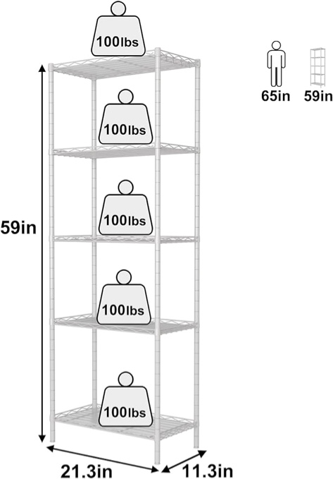 HOMEFORT 5-Shelving Unit, Adjustable Wire Shelving, Metal Wire Shelf with Shelf Liners and Hooks for Kitchen, Closet, Bathroom, Laundry, White,21" W x 11" D x 59" H White 21x11x60 Inch