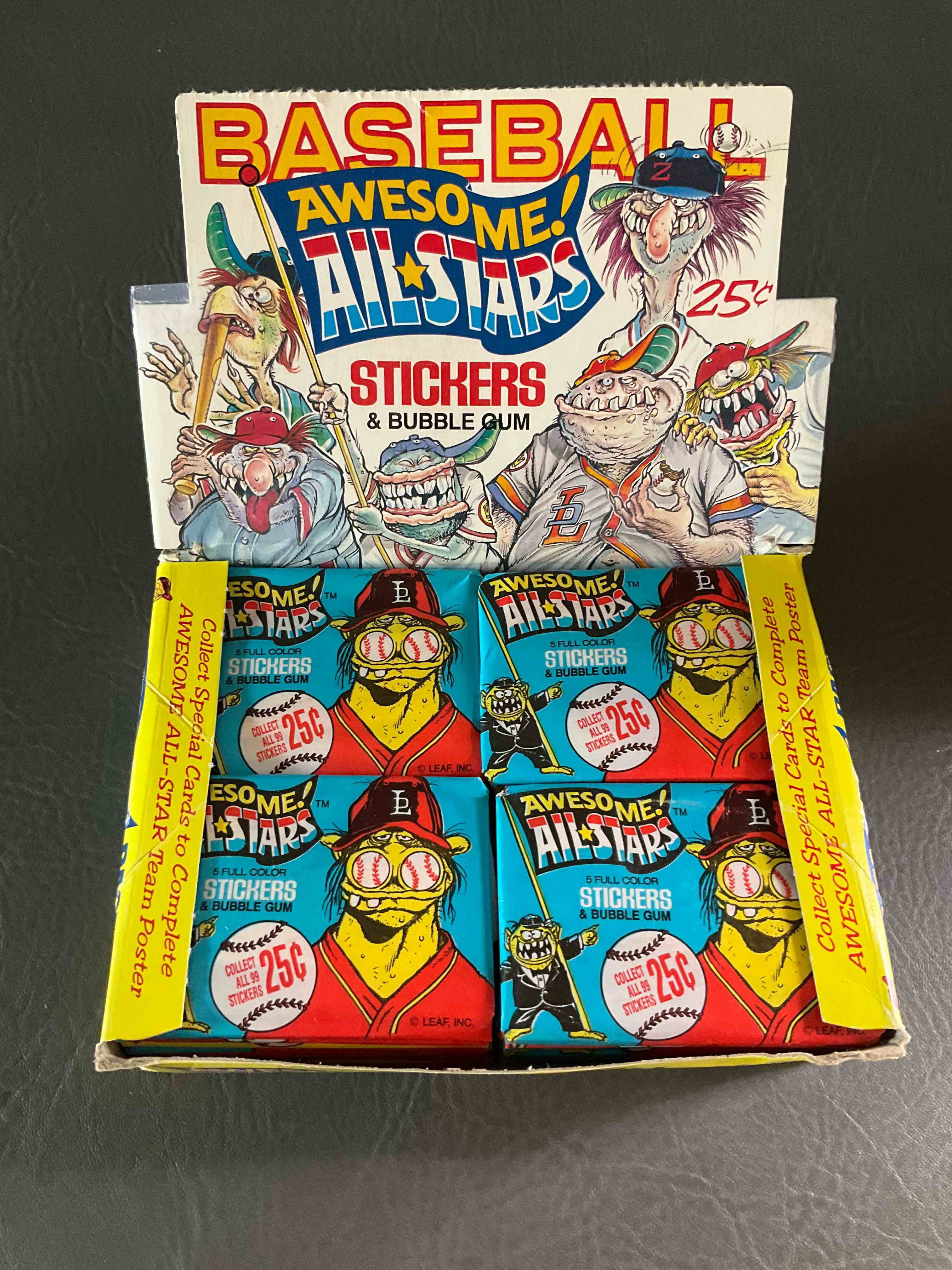 Fun, Fun, Fun! 1988 Leaf Baseball Awesome All Star Sticker Card Packs, Direct From Original Retail Case! Basically Baseball's Version Of Garbage Pail Kids! Something You Hardly Ever See & Kids Love Them! Drying Up & Becoming Serious Collector Items Fast!
