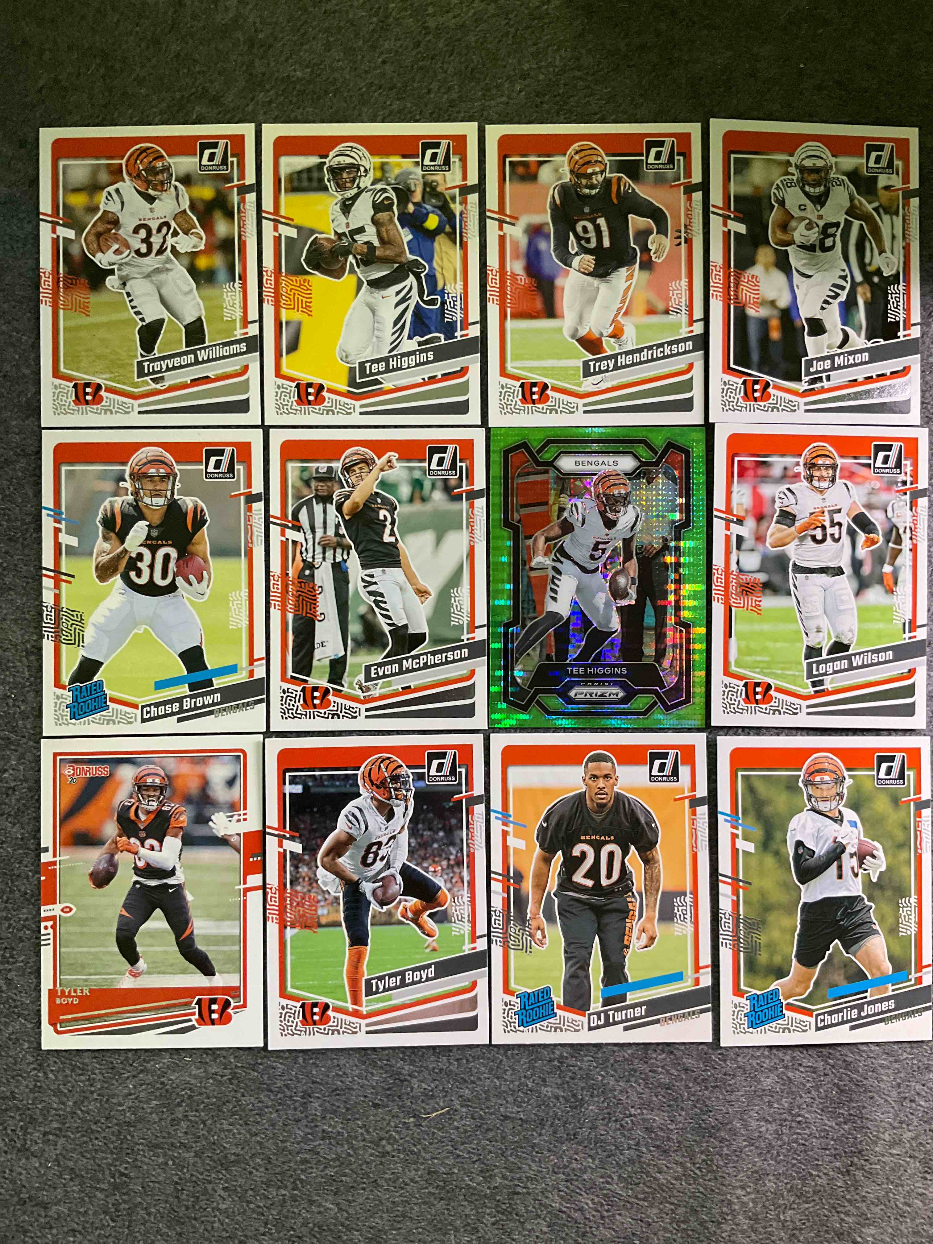 Who Dey Donruss Bundle! Rated Rookies, Big Time Names & Tee Higgins Green Pulsar Panini Prizm Card! All Matching & Mint!