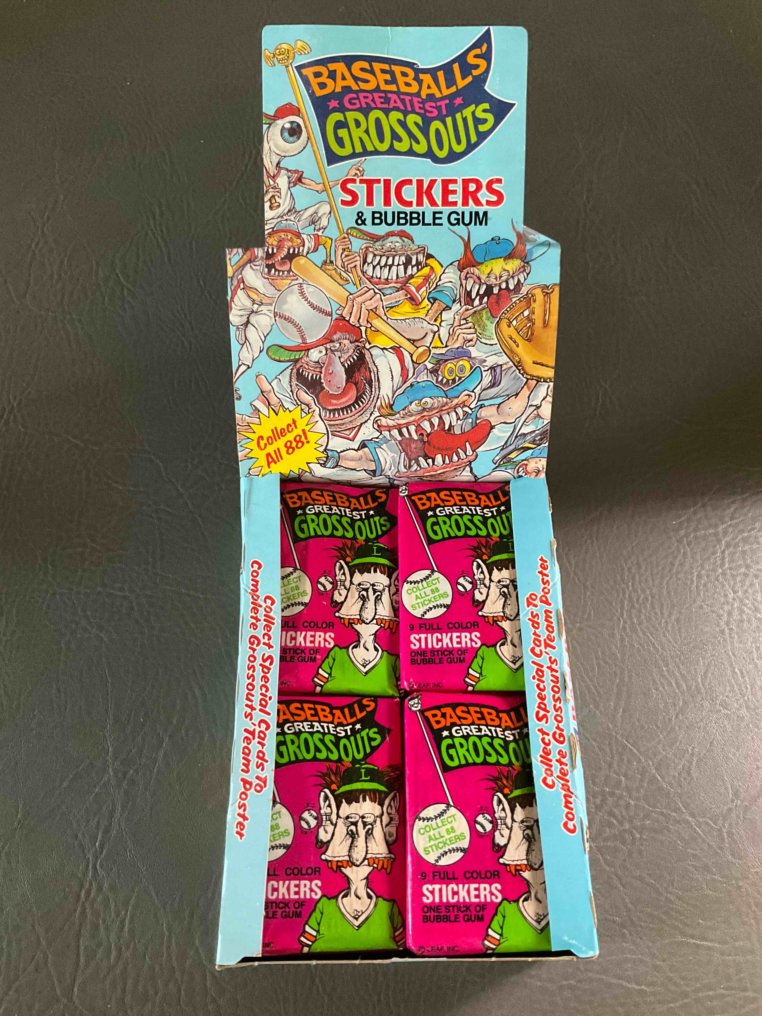 A Gross Amount Of Fun! 1988 Leaf Baseball's Greatest Gross Outs Card Packs, Direct From Original Retail Case! Basically Baseball's Version Of Garbage Pail Kids! Something You Hardly Ever See & Kids Love Them! Drying Up & Becoming Serious Collector Items Fast!