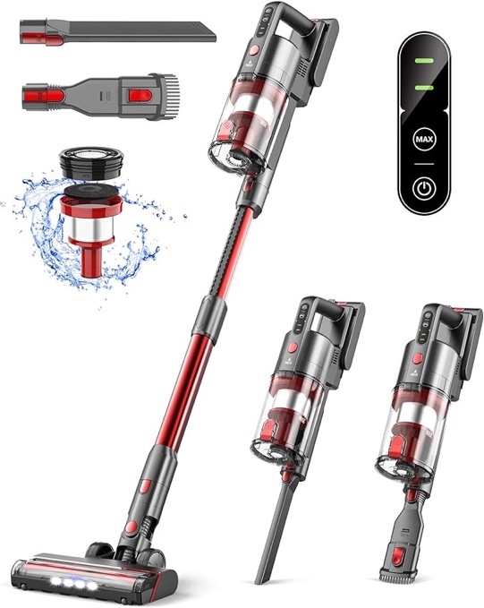 Fykee Vacuum Cleaner, Cordless Vacuum Cleaner with 80,000 PRM Brushless Motor, Lightweight Detachable Vacuum Cleaners for Home with 2200 mAh Battery and 2 Modes up to 35 Mins Runtime (red) 