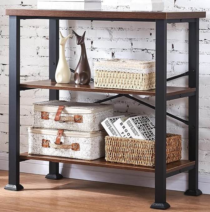 HOMBAZAAR Bookshelf, 3-Tier Vintage Industrial Book Shelf, Rustic Wood and Metal Bookcase and Bookshelves, Free Standing Storage Small Bookshelf for Living Room, Bedroom and Kitchen, Black