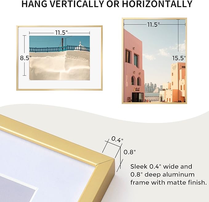 16x16 Metal Picture Frame with 12x12 Mat, Brushed Aluminum Finish, Tempered Glass Front, and Attached Hanging Hardware - Wall Display Frames for Vertical or Horizontal Orientation - Gold
