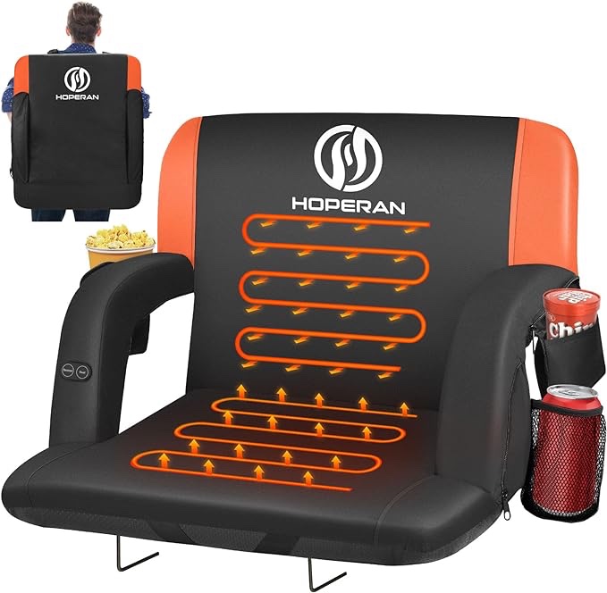 HOPERAN Dual-Sided Heated Stadium Seats for Bleachers with Back Support, 3 Levels Heating Stadium Seating for Bleachers Seat with Backrest, 5 Pockets Portable Stadium Chair for Outdoor(Orange)