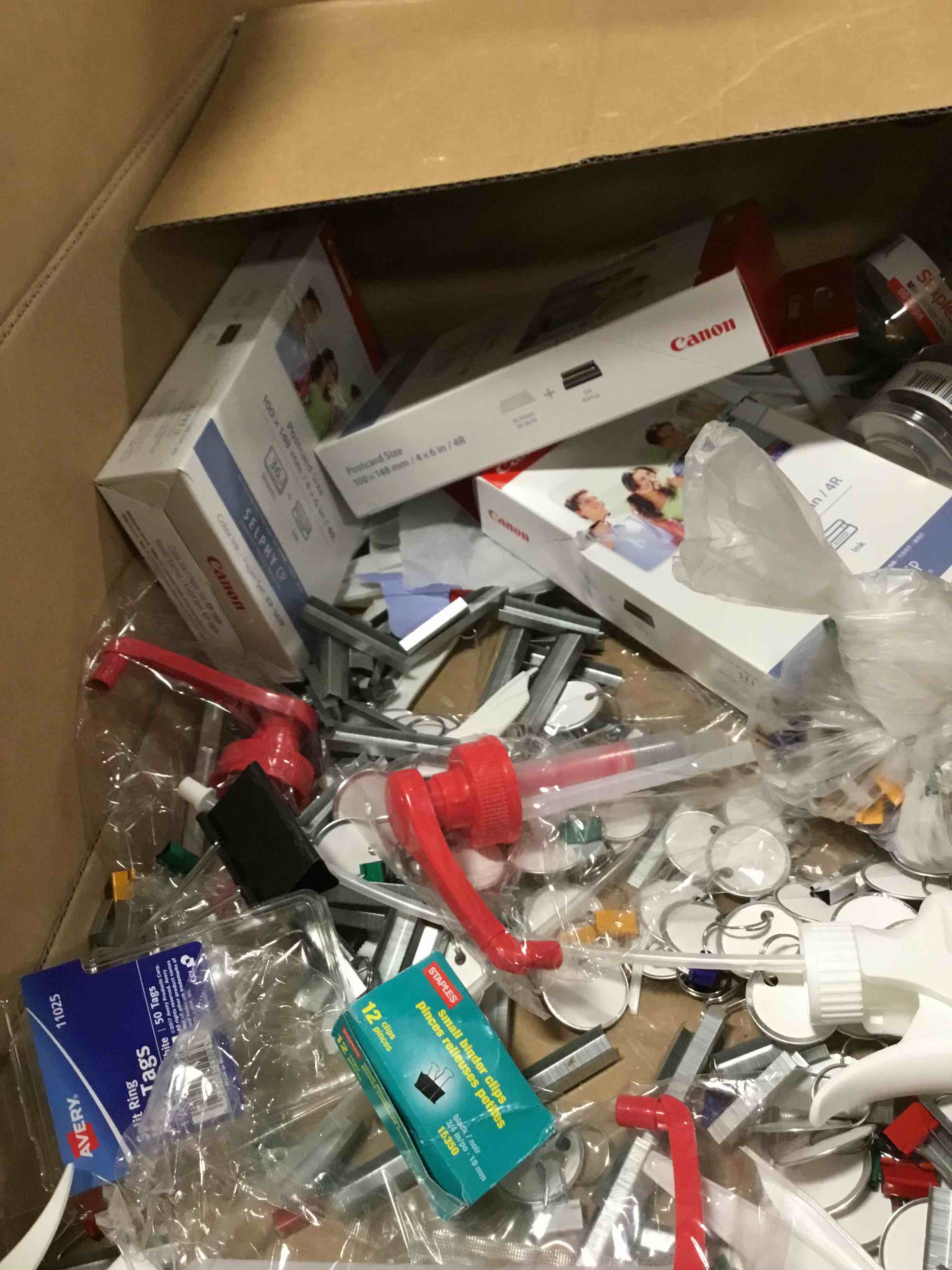 Assorted of office included, tru red project planner note book, canon postcard , binder clips pinces, and more