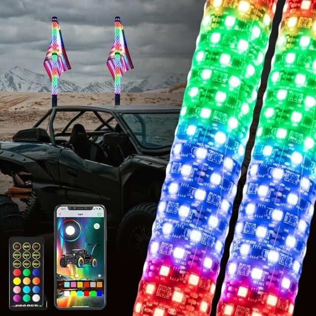 omotor 2PCs 2FT Fat Whip Lights and 8Pods RGB Rock Lights Kit with Bluetooth and Remote Control 360° Spiral Chase Offroad Warning Lighted Antenna LED Whips