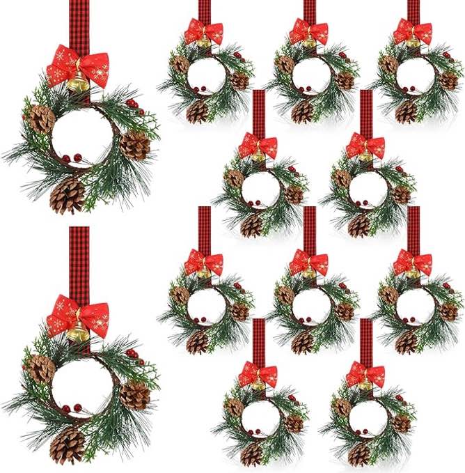Zeyune 12 Pcs Christmas Kitchen Cabinet Wreaths with Plaid Bow Ribbon Hanging Cabinet Doors Wreaths Decorative for Kitchen Window Outdoor Indoor Holiday Decor, 14.96 x 7.87'' (Simple Style)