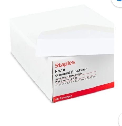 Staples Premium Diagonal-Seam Gummed #10 Envelopes White 500/Box 321554