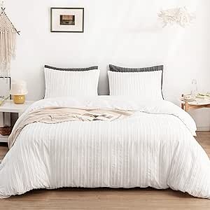 WARMDERN White Boho Duvet Cover Set Queen Size, Striped Textured Duvet Cover Tufted Bedding Set, 3 Pcs Ultra Soft Washed Microfiber Duvet Cover with Zipper Closure (Queen, White)