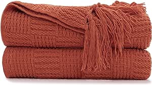 RECYCO Chenille Knit Throw Blanket for Couch, Versatile Decorative Woven Knit Chenille Blanket for Bed, Super Soft Warm & Cozy Knitted Throw Blanket with Tassels for Sofa, Chair. Orange, 60”x80”