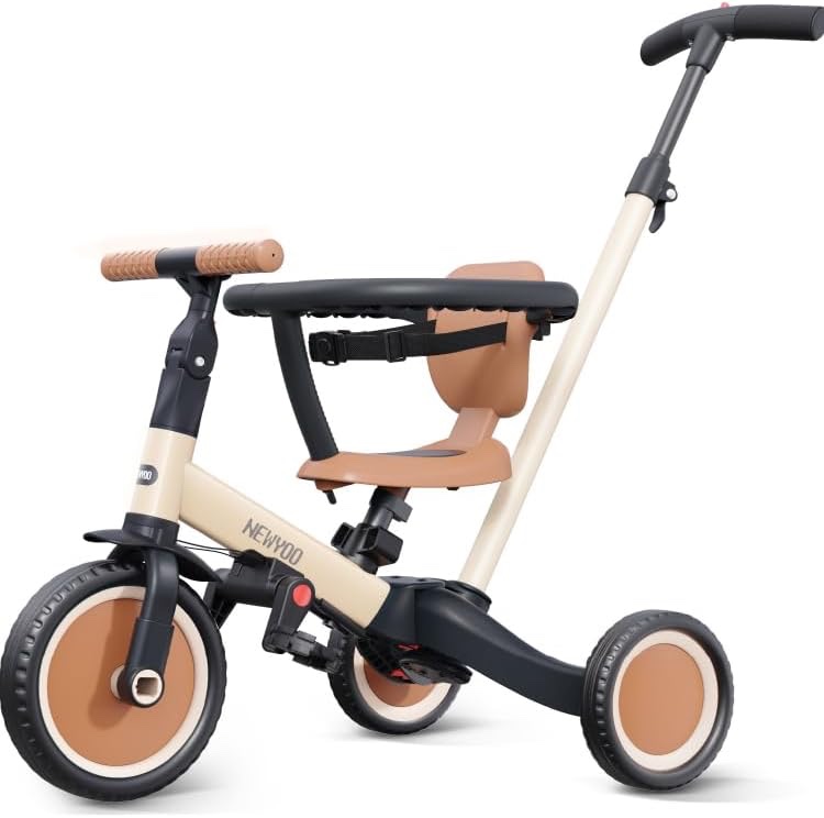 newyoo 5 in 1 Toddler Tricycle with Parent Steering Push Handle for 1,2,3 Years Old Boys and Girls, Kids Push Trike, Toddler Bike with Removable Pedals, Adjustable Seat and Handle (Grey)