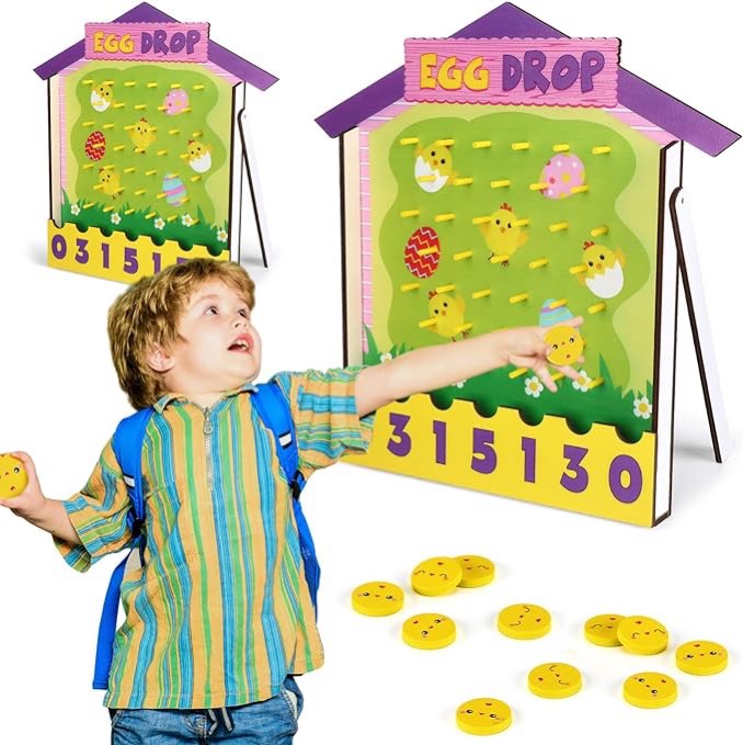 ShinyRelief 2 Set Easter Egg Disk Drop Game for Kids, Disk Drop Board with 6 Disks Prize Drop Board Game Easter Eggs Wooden Drop Game for Home School Activities Easter Party Supplies Gifts