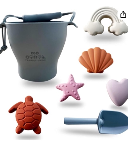 Silicone Modern Beach Toys for Sand, Pool OR Bath Time- Includes Organic Cotton Bag, Heart, Rainbow, Turtle, Seashell, Star Molds, Shovel and Bucket - Play-Set ( similar)